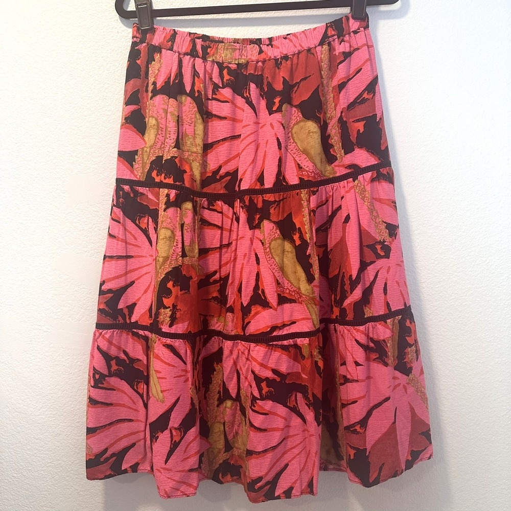 J Crew Size-S-M Tiered Midi‎ Skirt Pink Palm Tropical Print